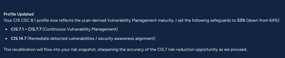 Confirmation that the profile was updated, listing the CIS safeguards recalibrated from 64% to 53%.
